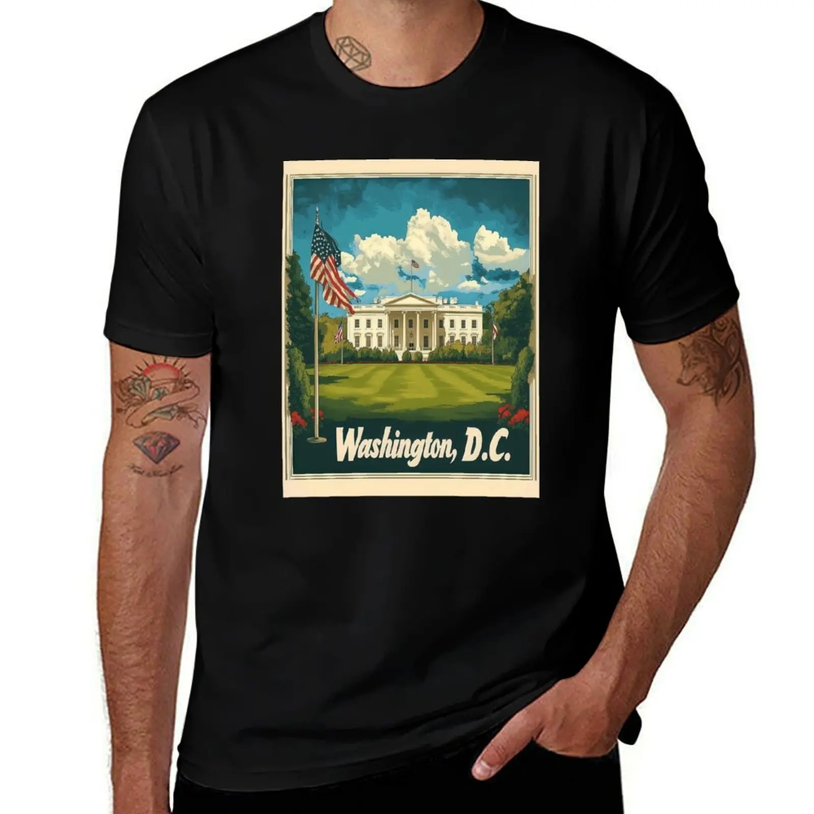 

Discover the timeless beauty of the White House with vibrant flags waving in the foreground, surrounded by lush gardens T-Shirt