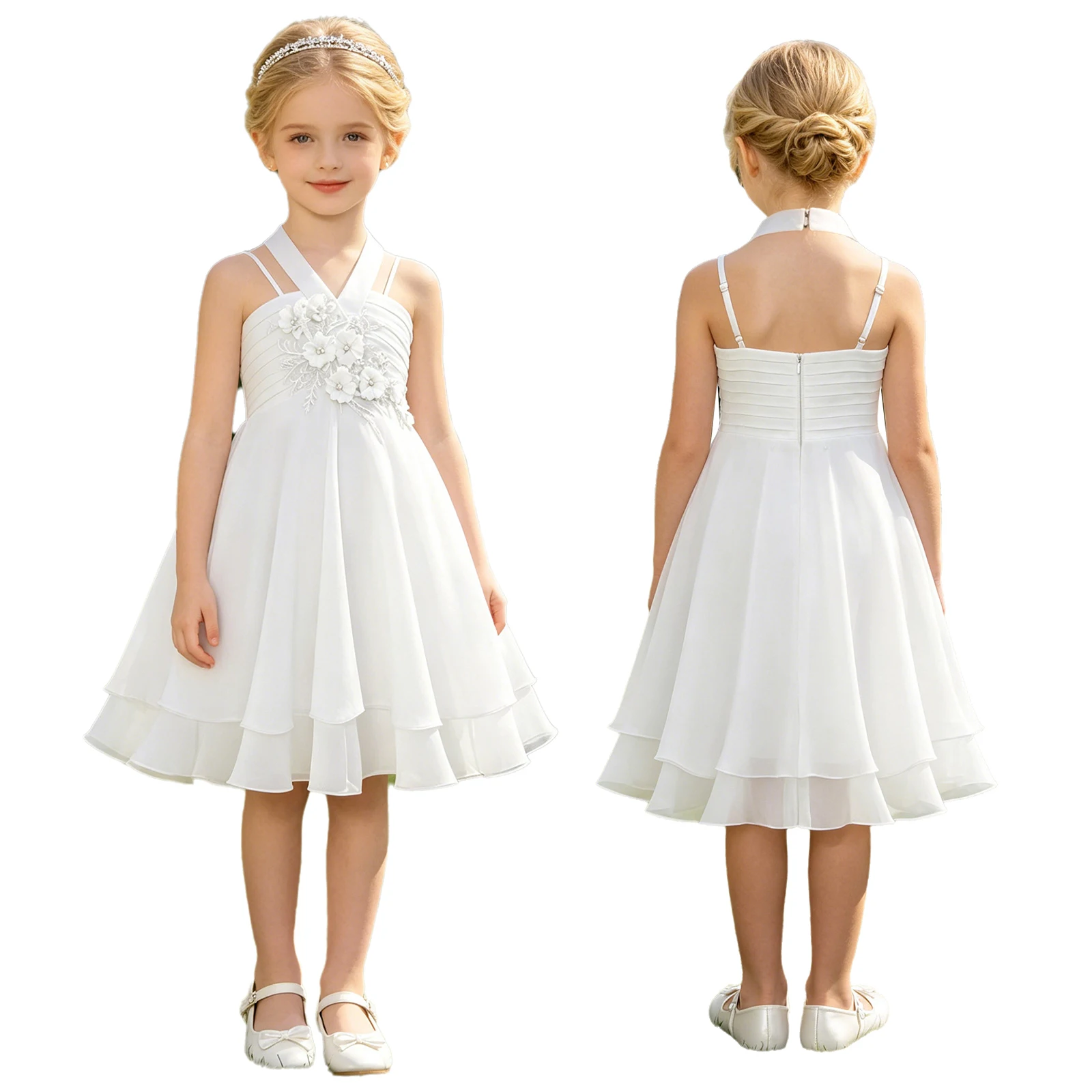 Kids Girls Elegant Sweet Party Dress Embroidery Applique Pleated Bodice Tiered Chiffon Gown for Wedding Birthday Pageant Prom