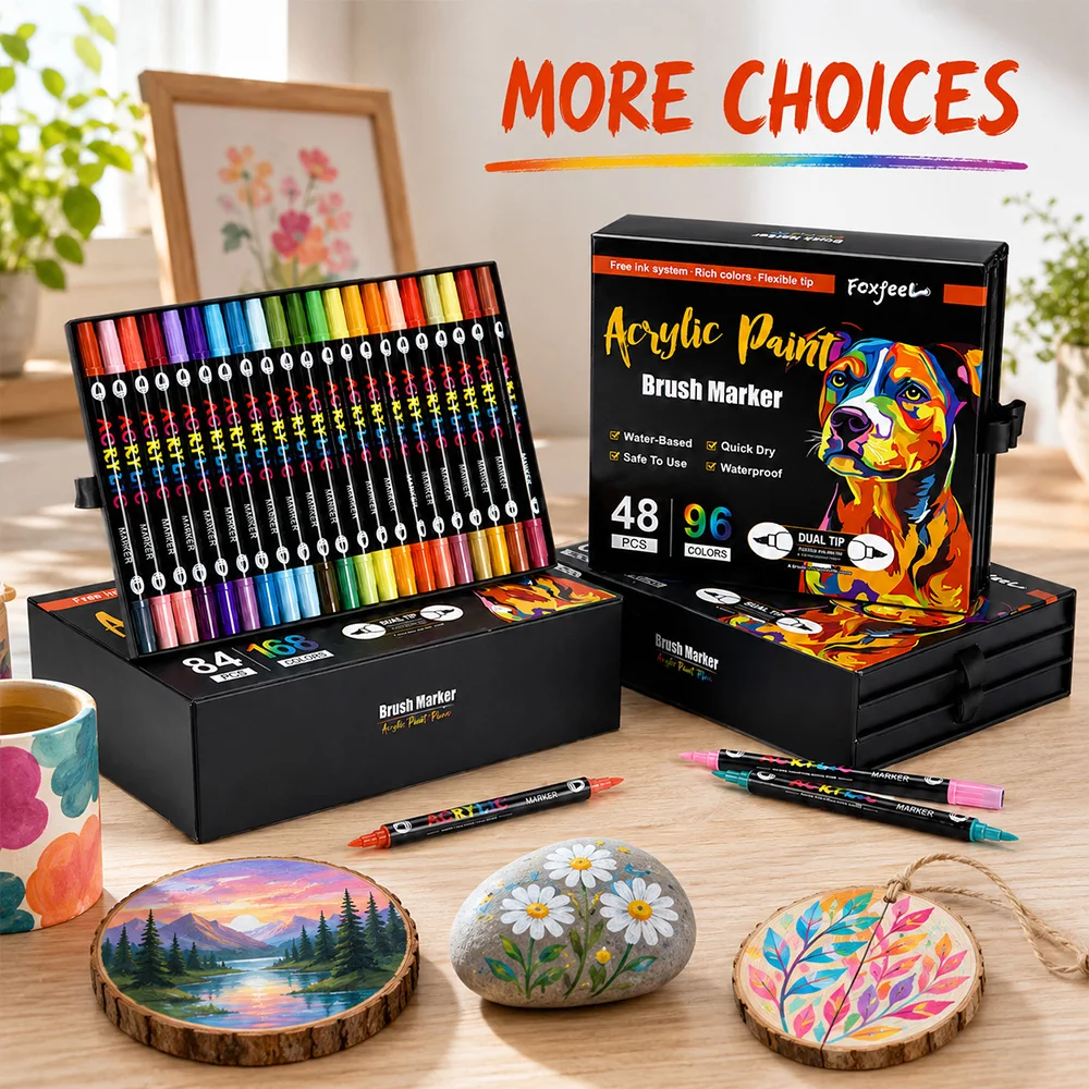 48/60/84 Pcs Dual Tip Acrylic Paint Marker Set Waterproof Quick Dry Brush Markers Canvas Ceramic DIY Hand Drawing Art Supplies