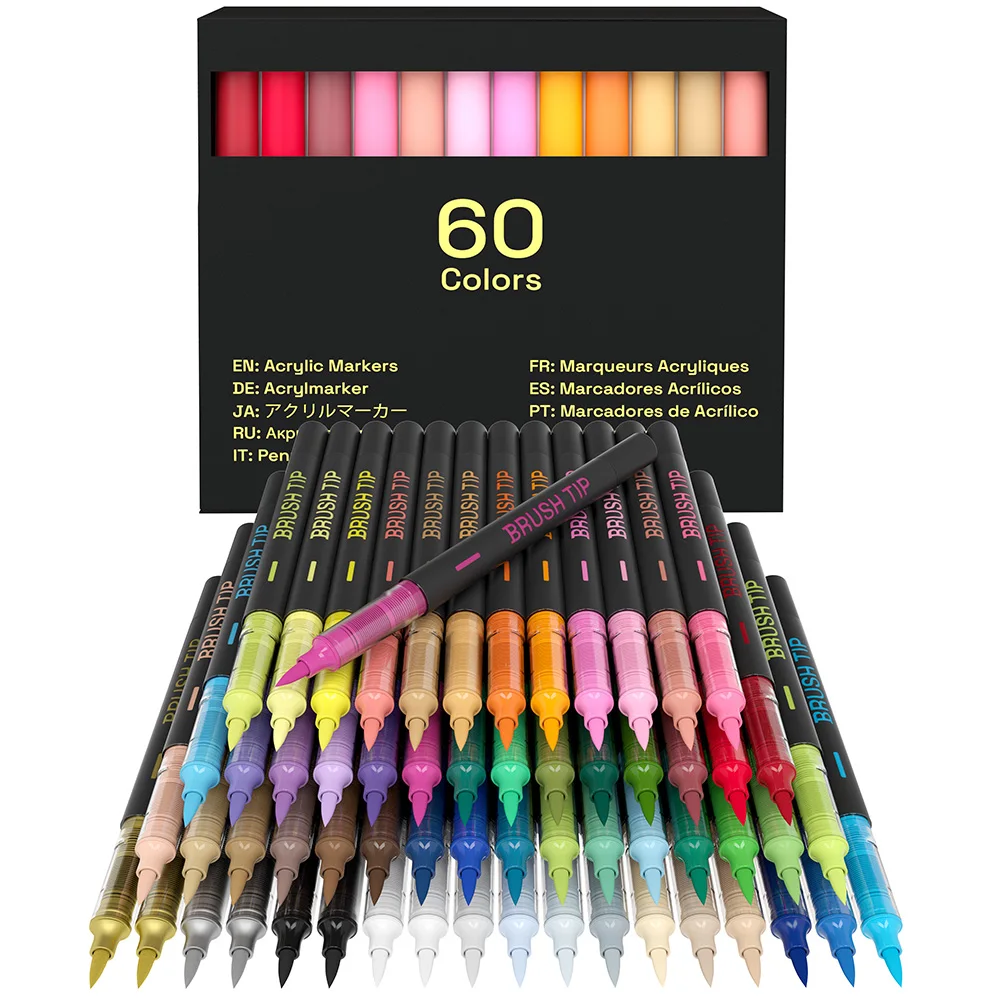 Brush Tip Acrylic Paint Markers Set – 60/36/12 Vibrant Colors Art Pens for Paper, Wood, Ceramic, Glass, Rock, Canvas & Fabric