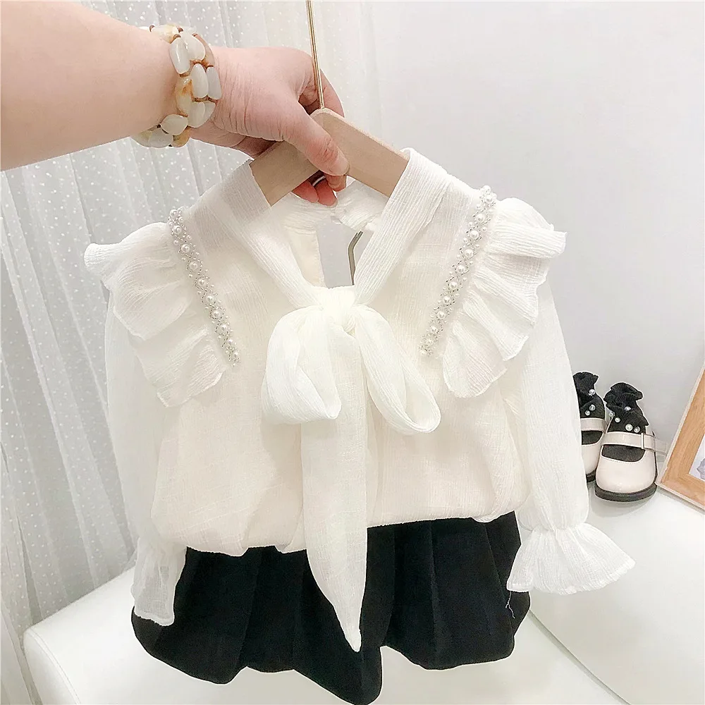 

Spring Autumn Sweet Pearl Chiffon Bow Shirt Doll Shirt Thin Korean Style Girls Sweet Shirt and Skirt Set Children Clothing Girls