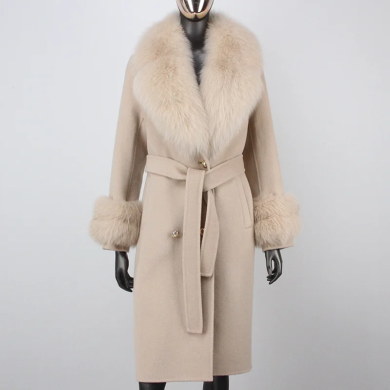 

2023 X-long Winter Jacket Women Natural Fox Fur Collar Cuffs Real Fur Coat Cashmere Blends Wool Double Breasted Outerwear