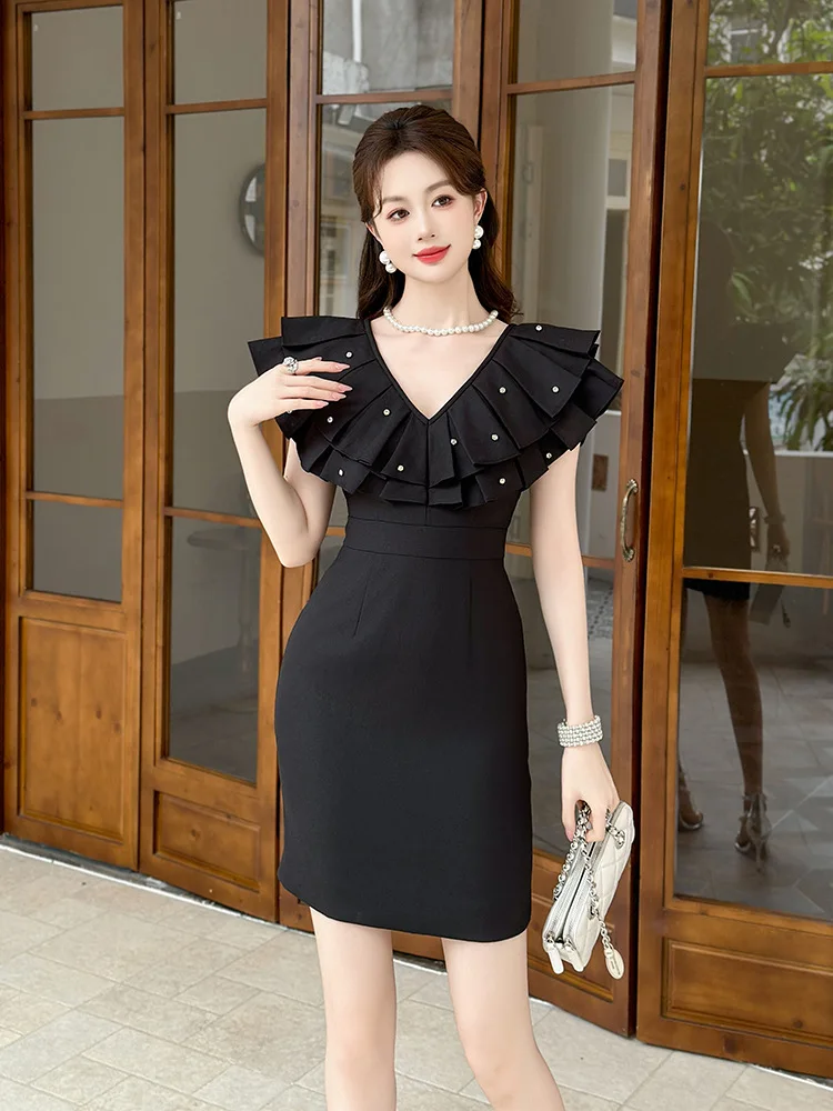 

Coigarsam Women's Summer Dress New Office Lady Flounced Solid Butterfly Sleeve Zipper Black Apricot Dresses