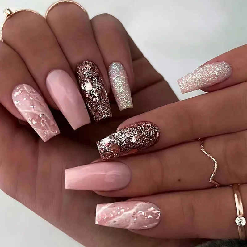 24 pçs de comprimento médio ballet unhas falsas imprensa em pó brilhante dourado design cobertura completa dicas de unhas falsas destacável acabado manicure