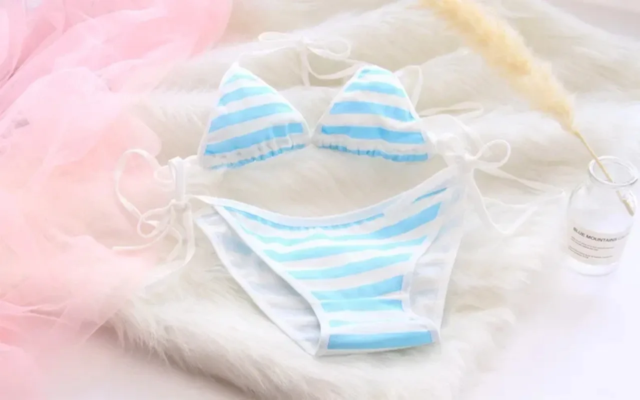 Japanische Sexy Lingerie Lolita Kawaii Blau Rosa Weiß Gestreifter Mini-Bikini Erwachsenen-Cosplay Damen BH Unterwäsche Frenum Badeanzug-Set – Detail 5