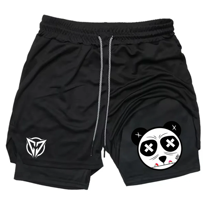 

2-in-1 Streetwear X Eyes Panda Print Double Layer Shorts for Men, Gym Workout Running Casual Fitness WX114