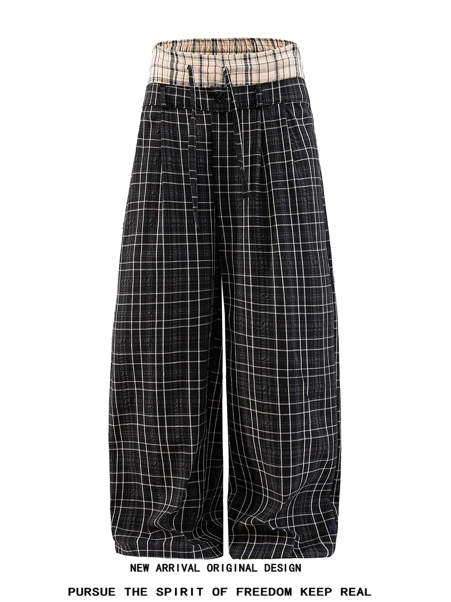 Trendy Plaid Pants Men's Autumn Loose Feel Wide Leg Drapey Casual Long Trousers Double Waist Head Design Comfortable Fit
