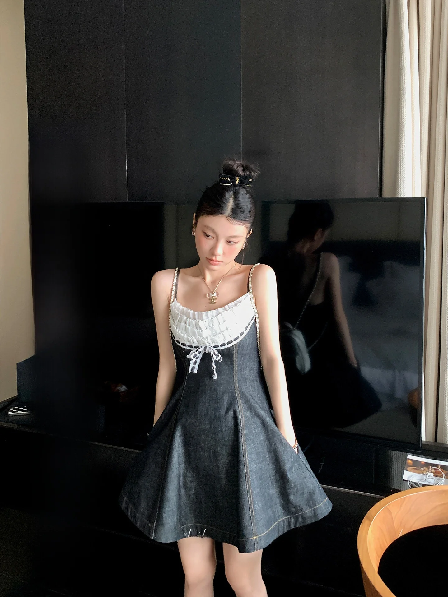 

LIONE Wendy Summer 2026 Denim Lace Halter Dress Splice Soft Cotton mid High Waist V Neck a Line Skirt Knot Dress
