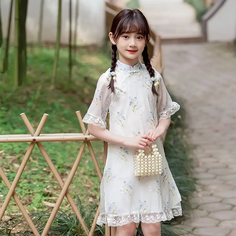 

Girl Traditional Chinese Cheongsam Hanfu Dress Kids Princess Costume Wedding Aodai Children Qipao Floral Vestidos