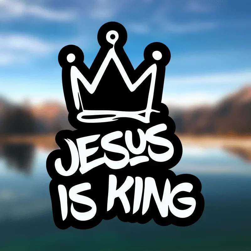 "Jesus is King" Christian Decals with Crown Design - Weatherproof-for Car, Wall - Bold Black & White Font
