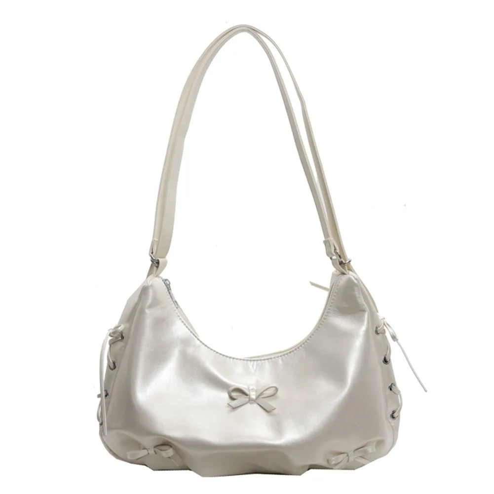 

Bowknot Crescent Bag PU Leather Women Shoulder Bag Adjustable Shoulder Strap Everyday Sling Bag Handbag for Travel Shopping