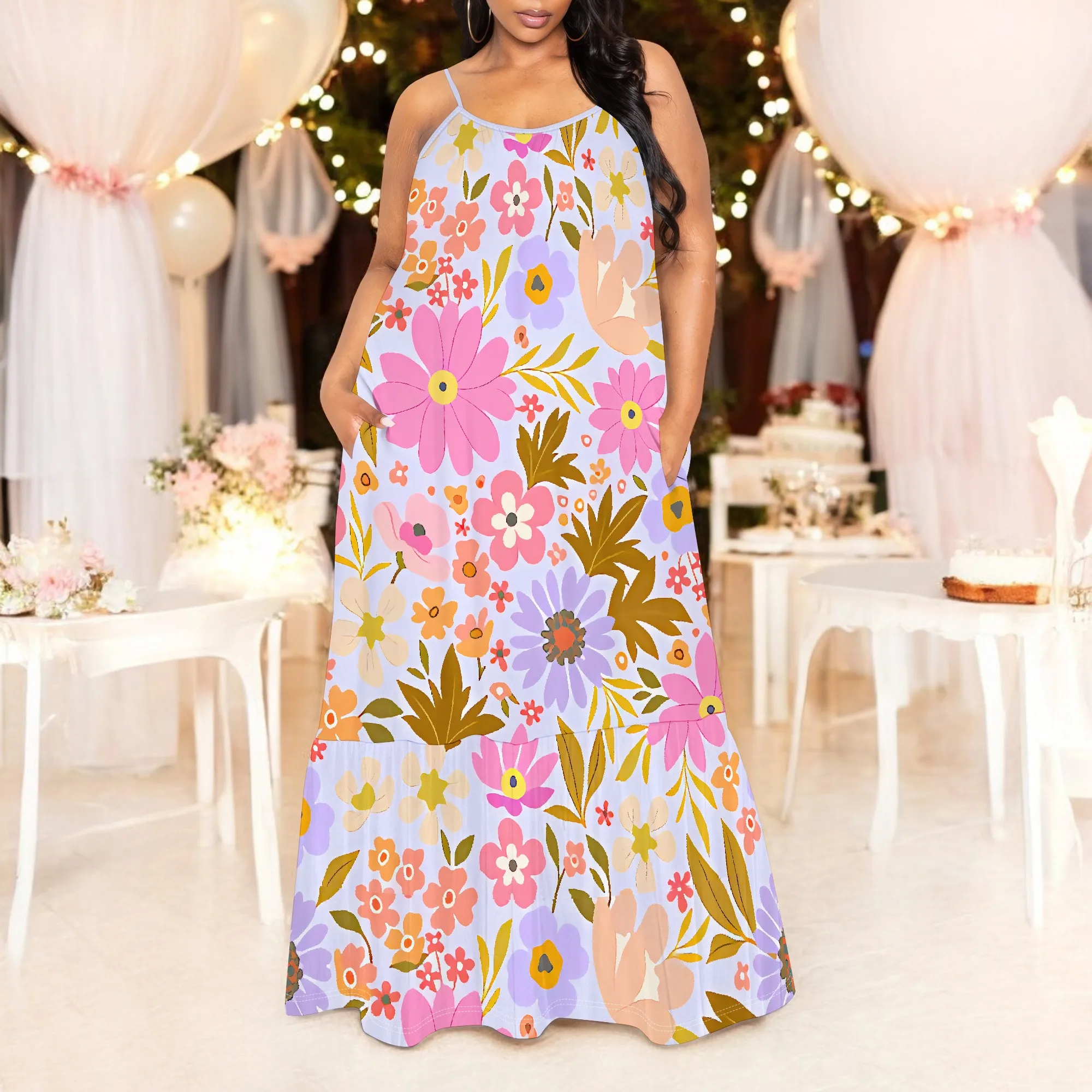 Maxi-jurk met bloemenprint voor dames in grote maten, mouwloos met zakken, zomer-casual jurk, elegant ontwerp met V-hals