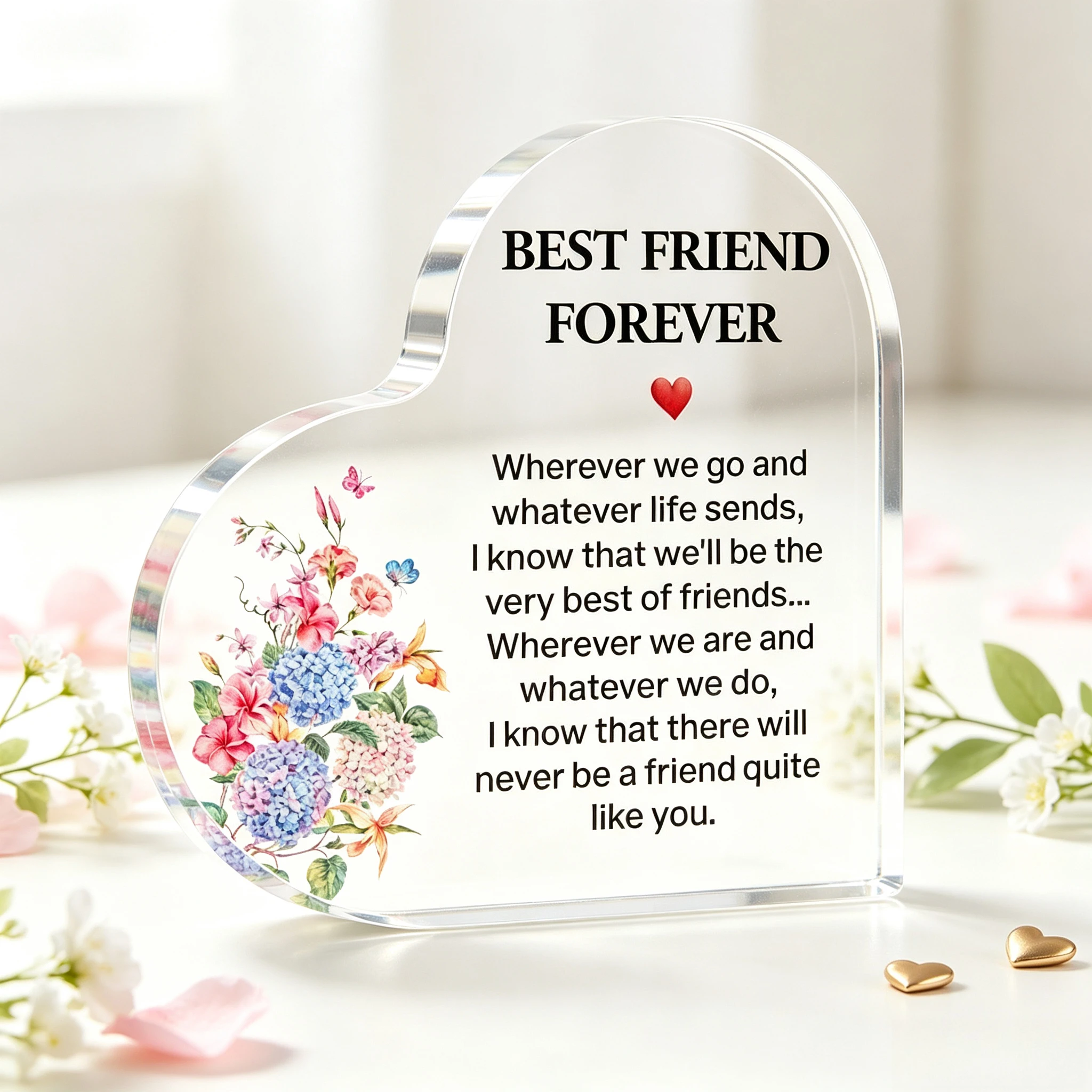 Best Friend Forever Heart‑Shaped Acrylic Tabletop Plaque, Watercolor Hydrangea Floral Butterfly Bestie Desk Keepsake Gift