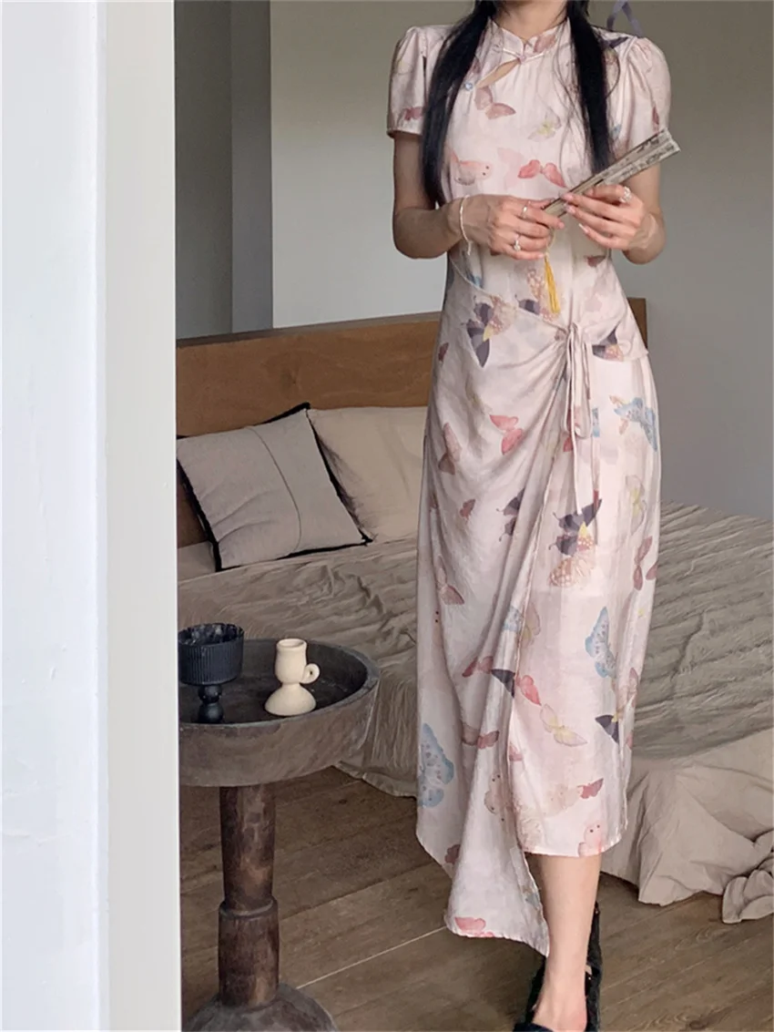 PLAMTEE Elegant Retro Long Dress Printed Chic Women Slim Chinese Cheongsam Daily Short Sleeve Summer Gentle Office Lady Sweet