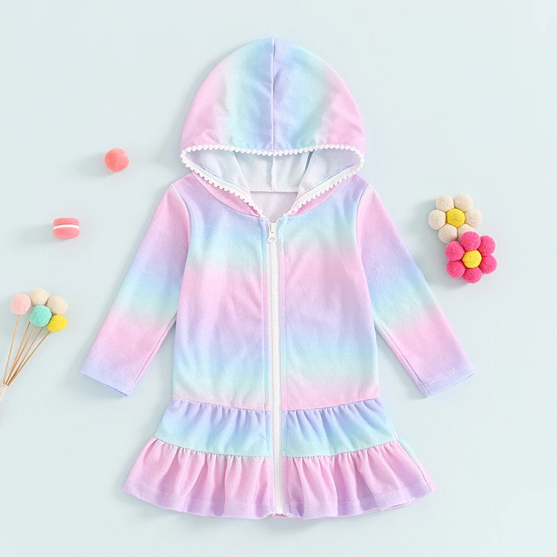 Tregren Kids Girls Swimsuit Cover up Rainbow Print Zipper Long Sleeves Hoodie Dress Rash Guards for Toddler Bathing Suit