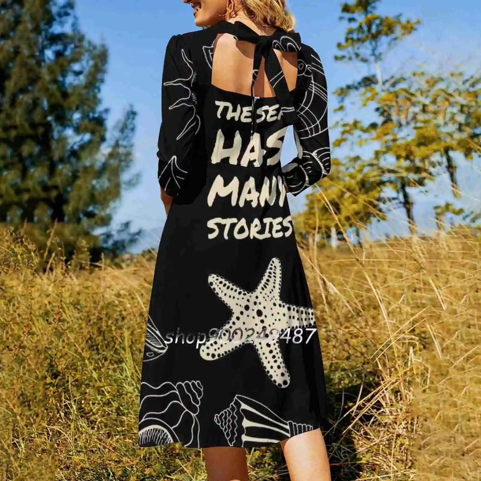 The Sea Has Many Stories-Seashells And Starfish Square Neck Dress Cute Loose Print Dresses Elegant Beach Party Dress Seashells