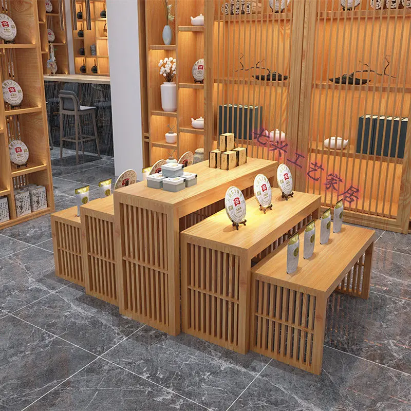 Tea shop Zhongdao shelf water table display table solid wood stepped specialty shelves high and low merchandise product display