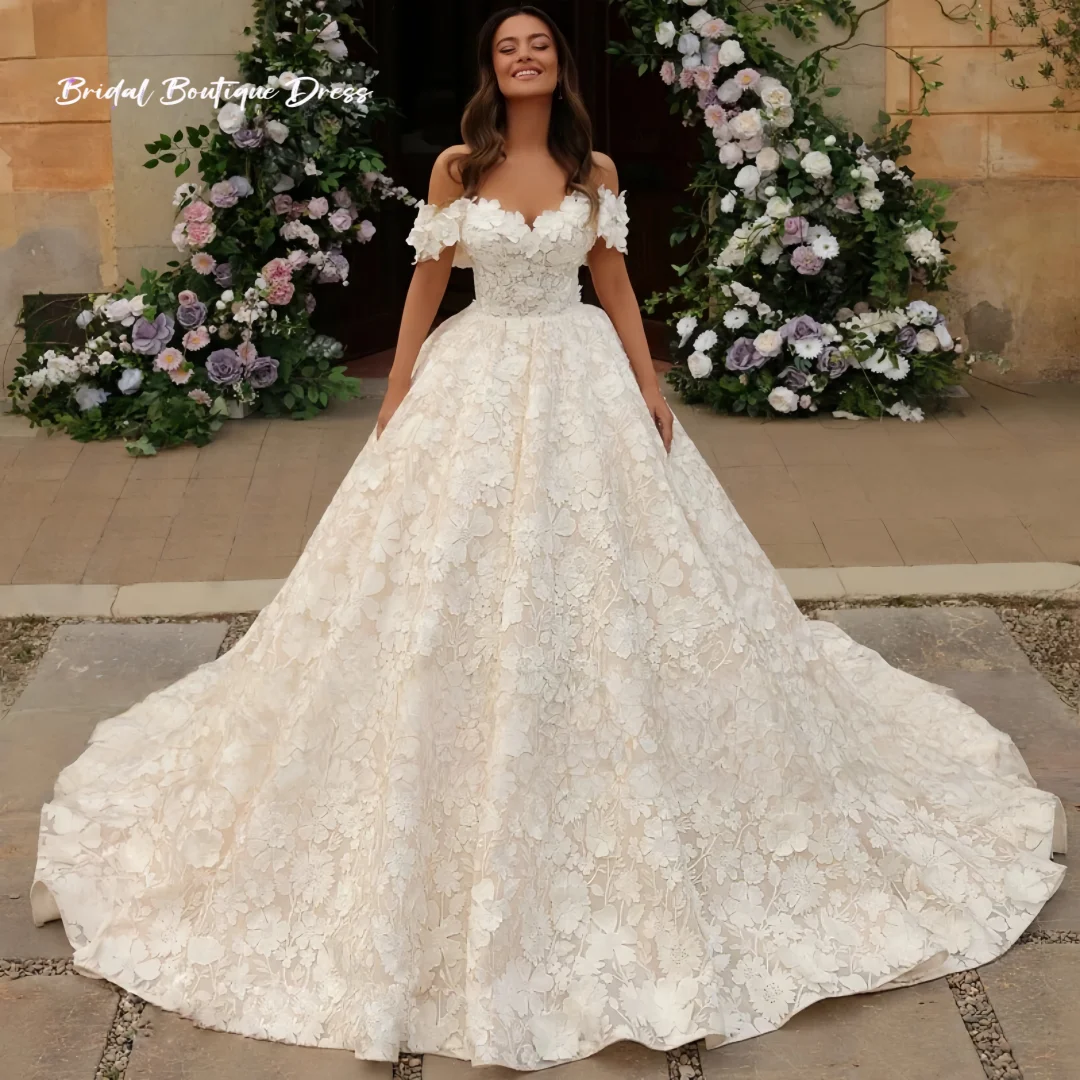 

Индивидуальное винтажное свадебное платье А-силуэта с открытыми плечами, цветочным кружевом, аппликацией и бисером, женское свадебное платье, Robe De Mariee