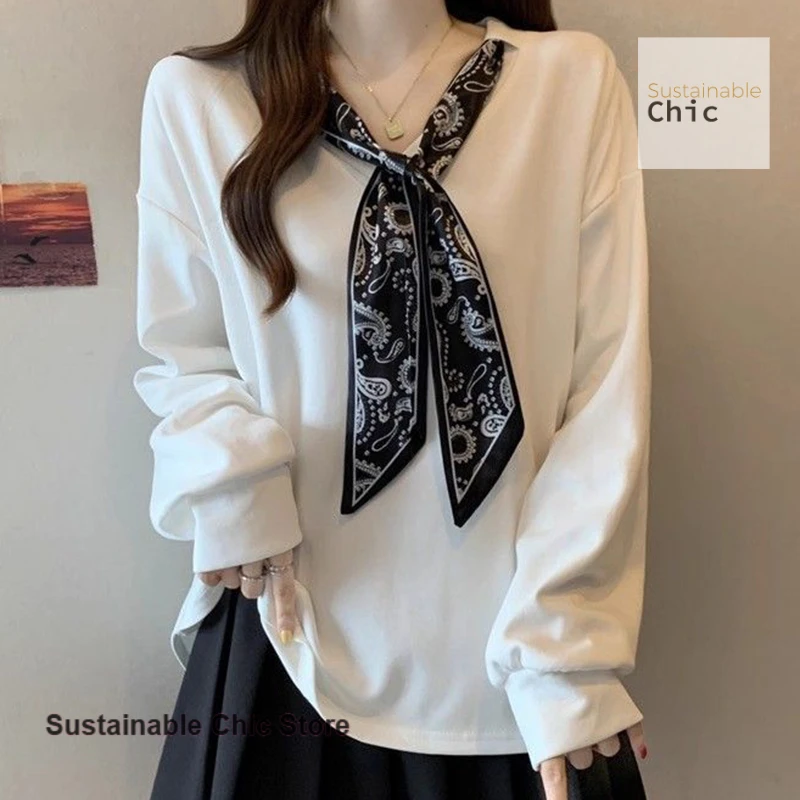 

Korean-style scarf collar long-sleeved sweater women's autumn new plus-size temperament high-grade luxury western-style top