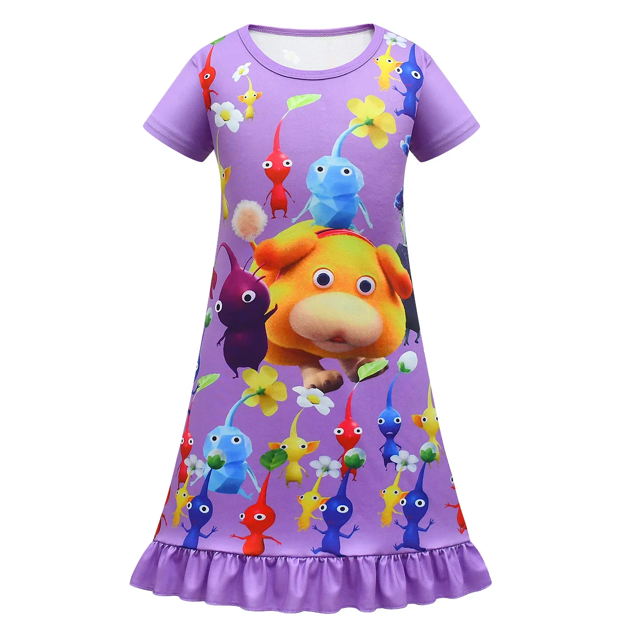 Kids Girls Anime Cartoon Alien Print Short Sleeves Princess Dress Outfit Christmas Role Play Halloween Cosplay Costume