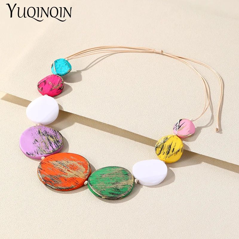 New Trendy Beaded Pendant Necklaces for Women Colorful Short Rope Chain Vintage Necklaces for Girls Summer Travel Choker Jewelry