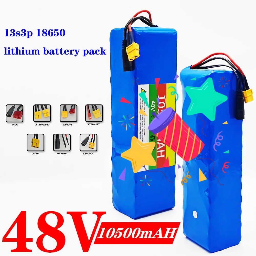 48V 10.5Ah High Capacity Lithium-ion 13S3P Battery Pack - 1000W BMS Rechargeable for 54.6V E-bike Electric Scooter Bicycle