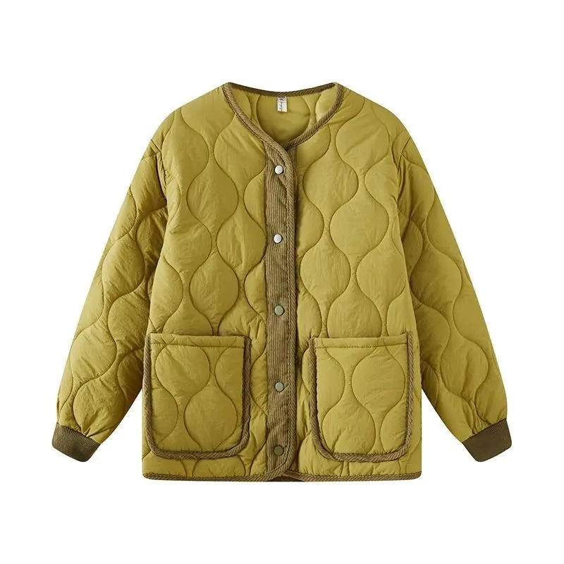 Corduroy Stitching Rhombic Explosions Cotton-Padded Jacket Women's Autumn And Winter New High-Grade Round Neck Loose Warm Jacket