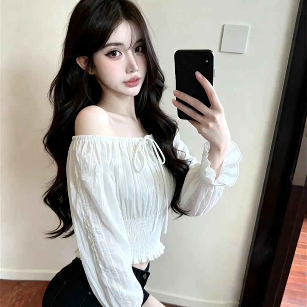 Sweet Style Short Sleeve T-Shirt Pure Color Bows Tie One Shoulder Bared Belly Button Splice Slim Fit Bell Bottoms for Women