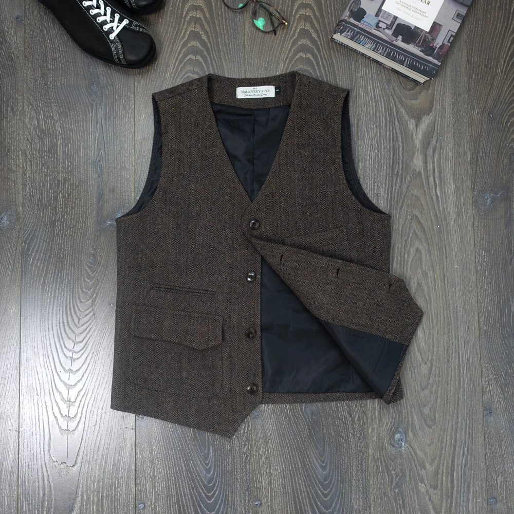 

CAILW American Retro Heavyweight Woolen Hunting Vest Dot Large Cheered V-ne Workwear Busin Casual Vest