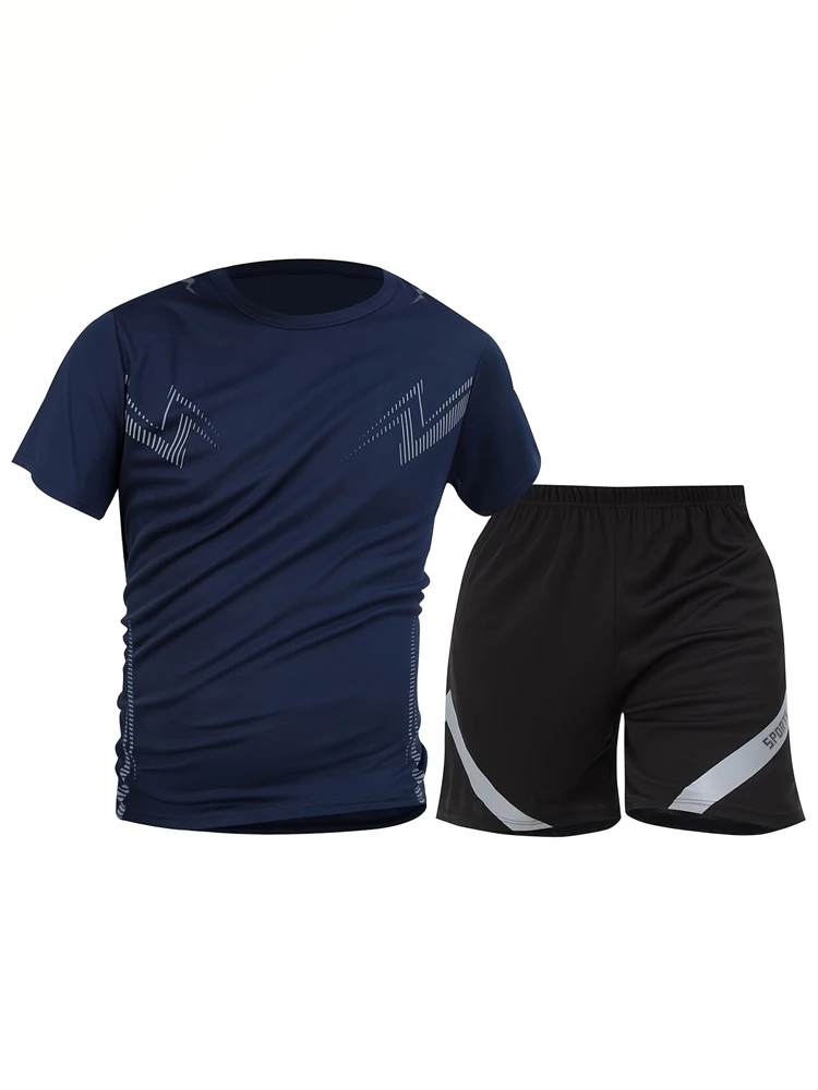 Plus Size Men's Quick-Dry Short-Sleeve T-Shirt and Shorts Set Mens Athletic Running T-Shirt with Drawstring Shorts Two-Piece Set