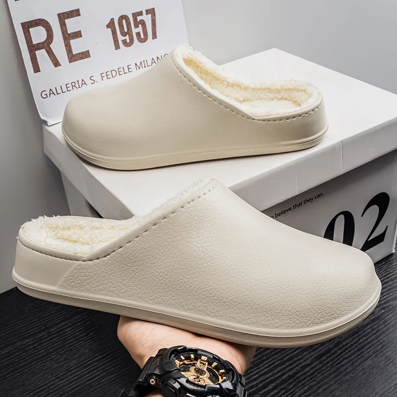 

Unisex Winter Home Indoor Dormitory Anti-slip Waterproof Fleece-lined Slip-on EVA Cotton Slippers Couple Matching Slippers