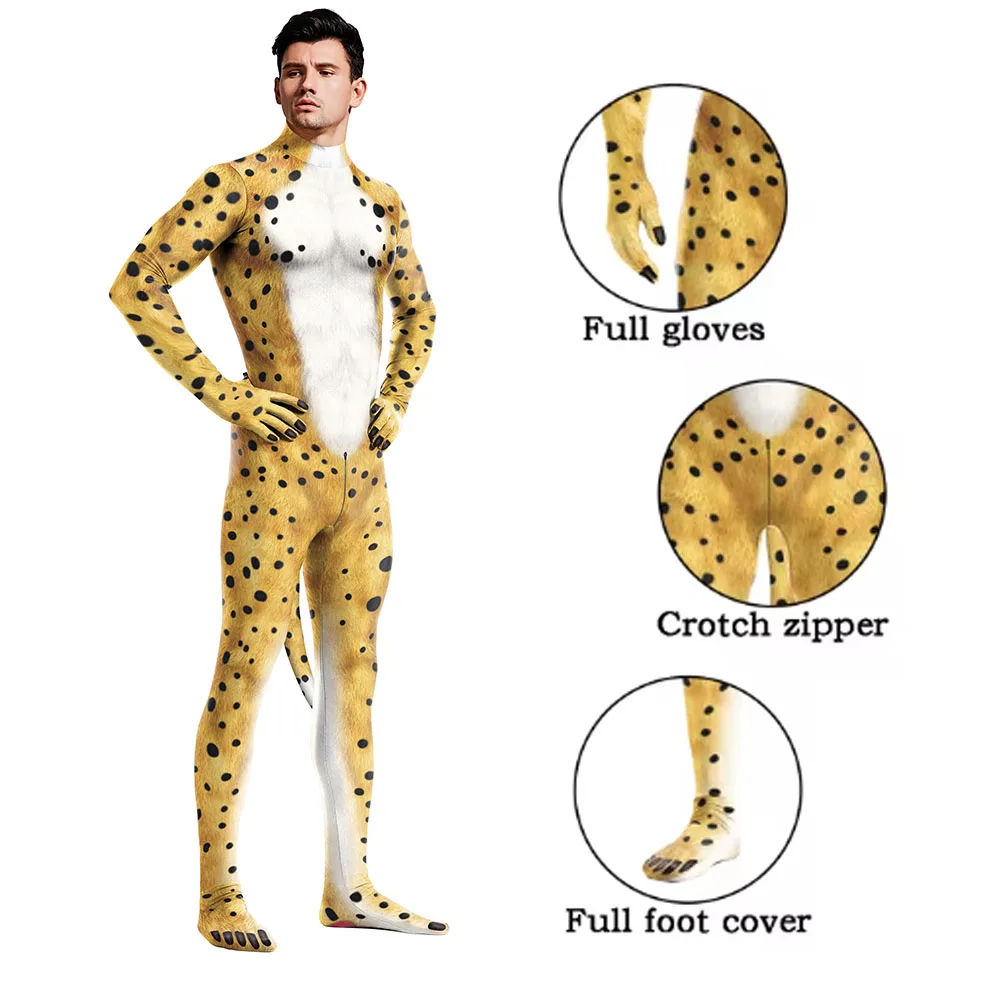 Zawaland Halloween Kostuum Zentai Heren Jumpsuit Cosplay Dier Full Body 3d Geprint Party Cheetah Crotch Rits Bodysuit