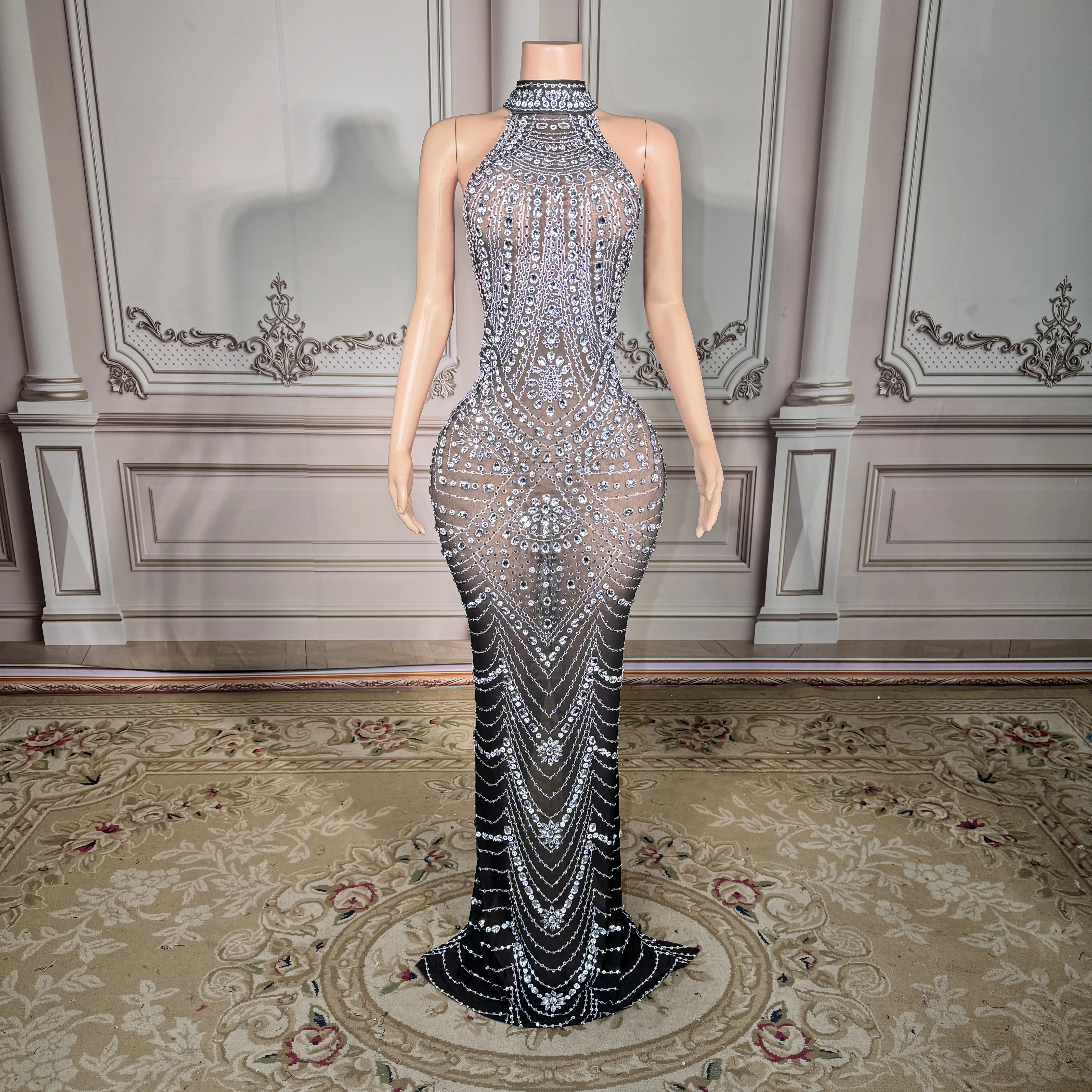 

ZD Luxury Halter Neck Rhinestone Sheer Maxi Dress Women Evening Party Gown Women Stage Performance Wear
