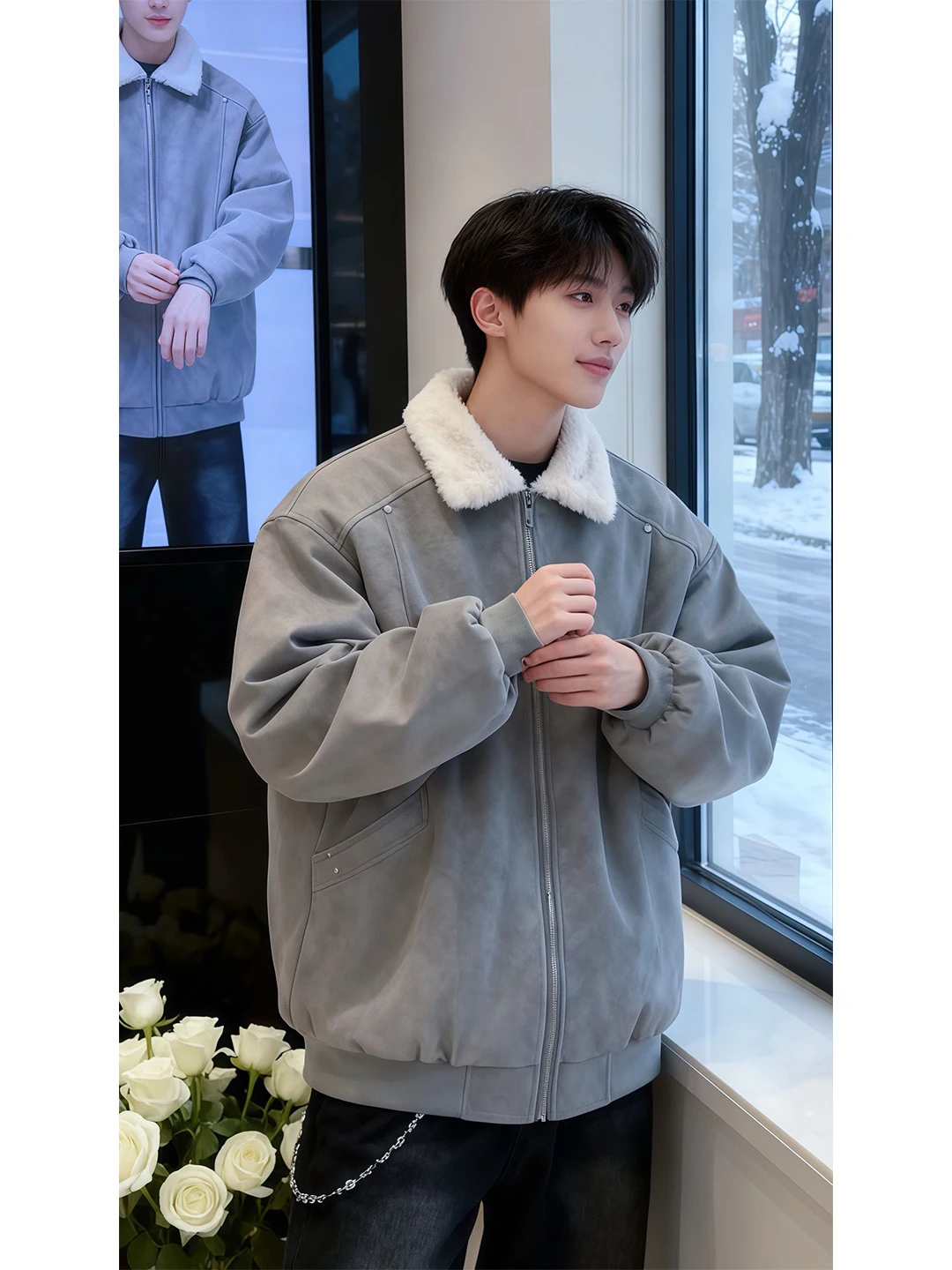 

American Retro Dyed Lamb Fur Collar Men's Cotton Jaet Thi Warm Winter Coat Stand Fit Casual Long Sve Pure Color