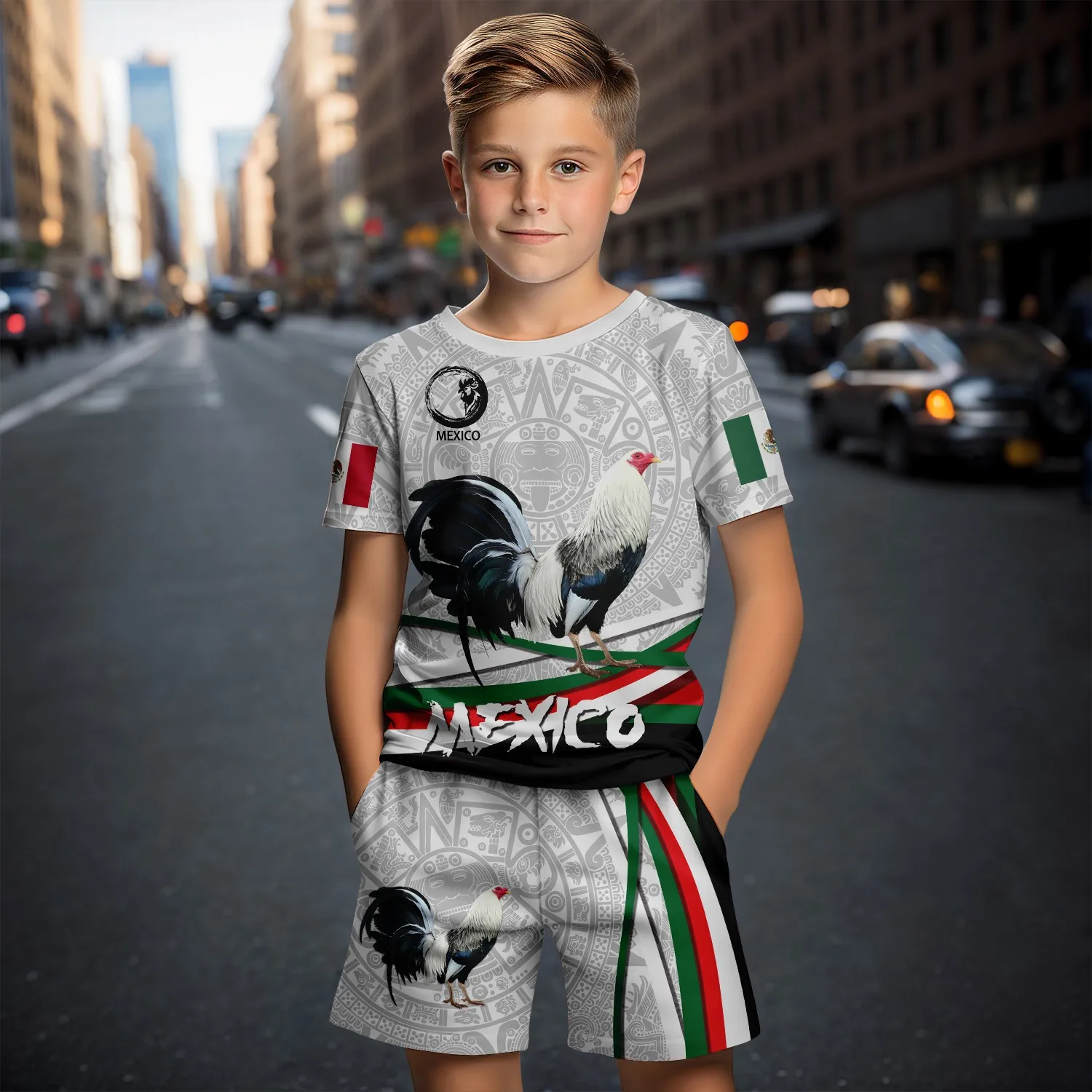 Mexican Rooster Pattern 3d Print Tshirts Set Children Tshirt Short Pants 2pcs Suit 4-14 Years Kids Fashion Short Sleeve Sets