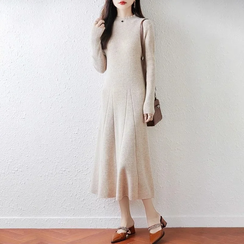 Half High Collar Wool Dress For Women In Autumn And Winter Mid Length Slim Fit Knitted Bottom A-Line Dress Eelgant w1339