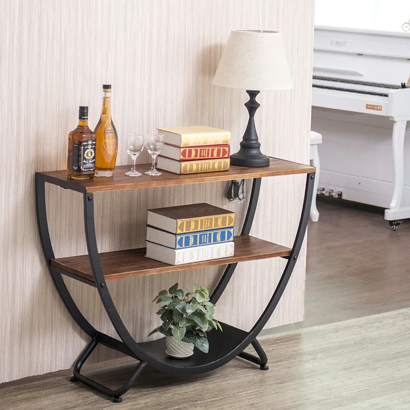 Home front door retro table living room wrought iron semi-round tea room wall side cabinet Chinese solid wood door rack