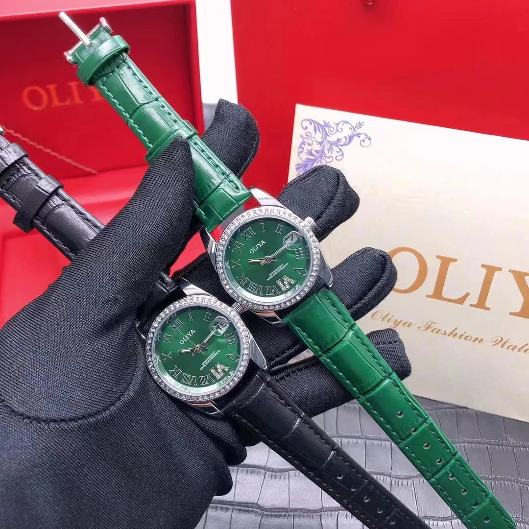 Light luxury waterproof diamond-encrusted Japanese quartz movement log blue leather strap steel case Success women's watch