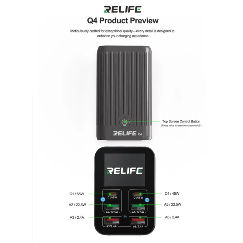 RELIFE Q4 Smart 6-портовое USB-зарядное устройство с цифровым дисплеем для мобильных телефонов, планшетов, часов, двойная станция быстрой зарядки PD + QC