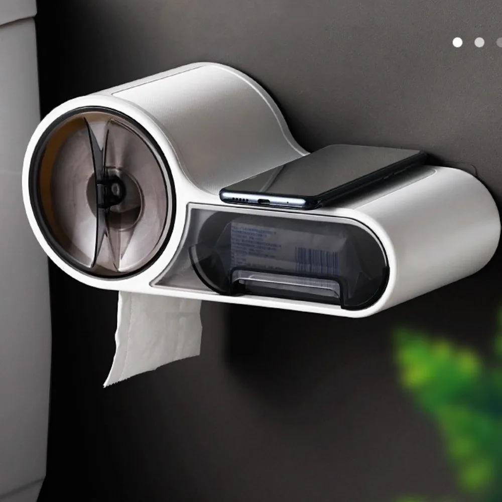 

Wall Mounted Toilet Paper Storage Box Waterproof Free Punching Bathroom Paper Holder Phone Holder Plastic Material