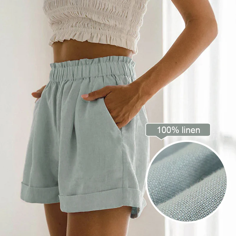 Pure Linen Pants Women's Elastic High Waist Shorts Comfortable Casual Summer Breathable Casual Black White Color Basic Bottoms