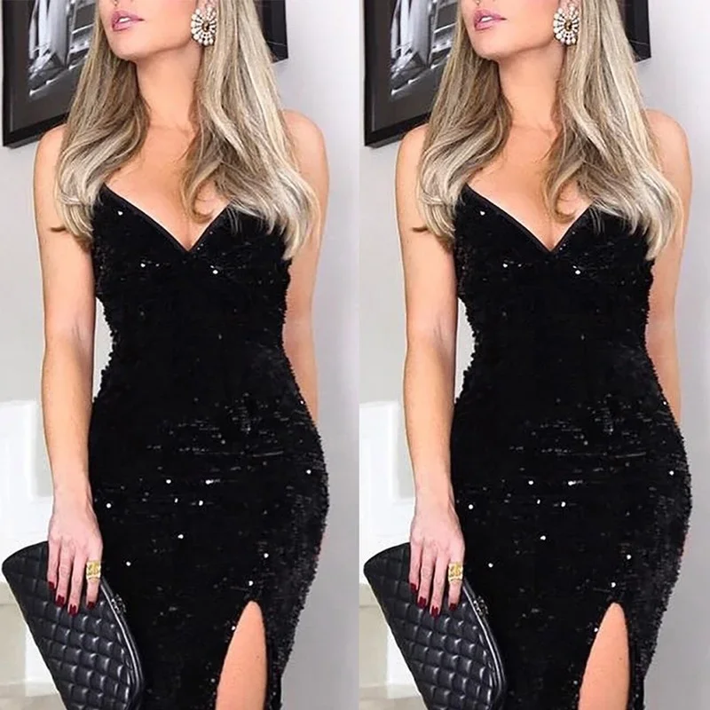 Women's Luxurious Sparkling Prom Dress V Neck Perspective Sequins Evening Party Dress Side Split Formal Long Sexy Dress