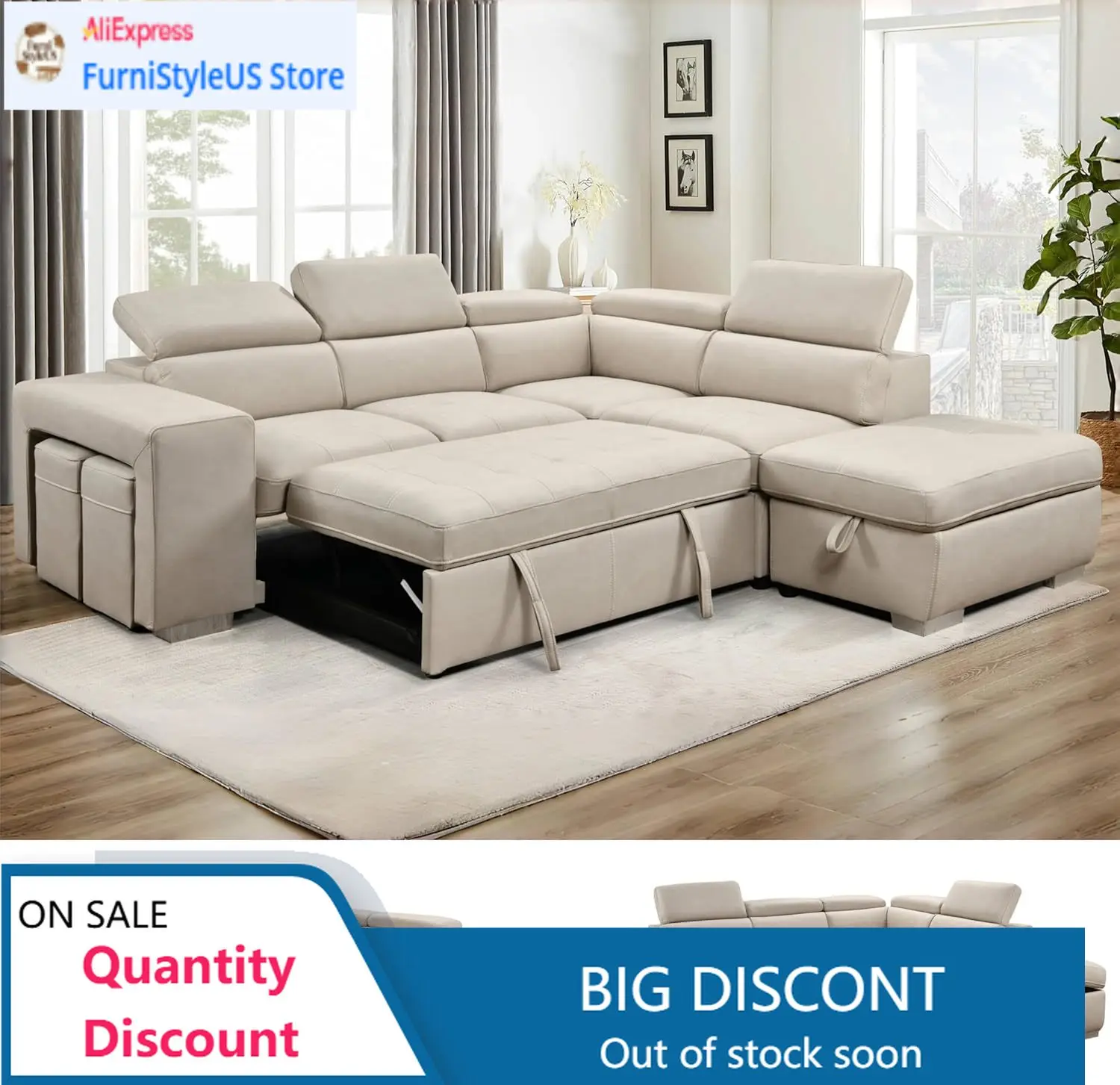 

104-дюймовый угловой диван-кровать из микрофибры с выдвижной кроватью и оттоманкой с отсеком для хранения, трансформируемый диван