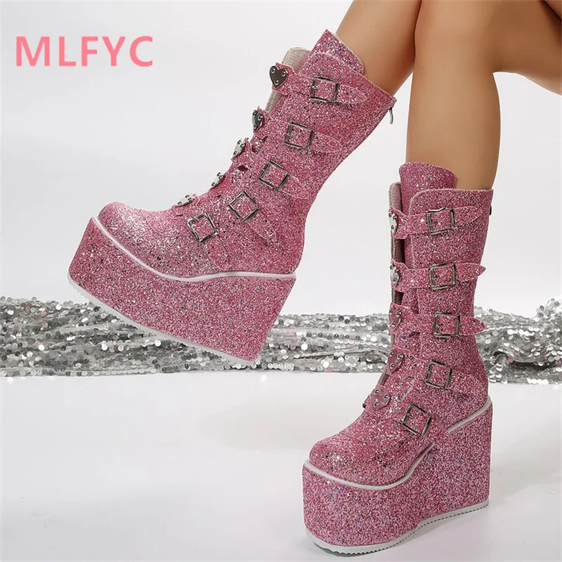 

female Thick soled boots winter new personalized love buckle sequin boots with sloping heels mid length boots women's boots