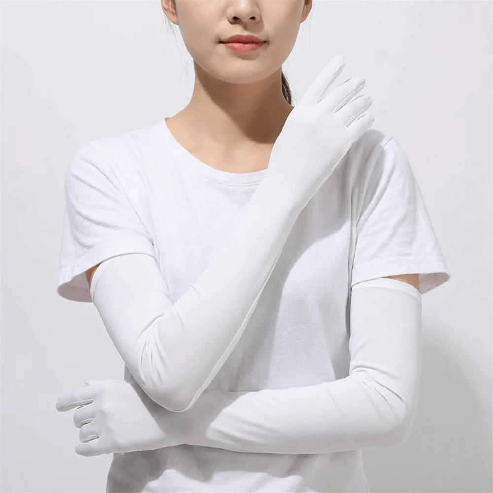 

Fashion Solid Color Long Sleeve Non-slip Sun Protection Sunscreen Sleeve Gloves Flip Elastic Ice Silk Arm Sleeve Women