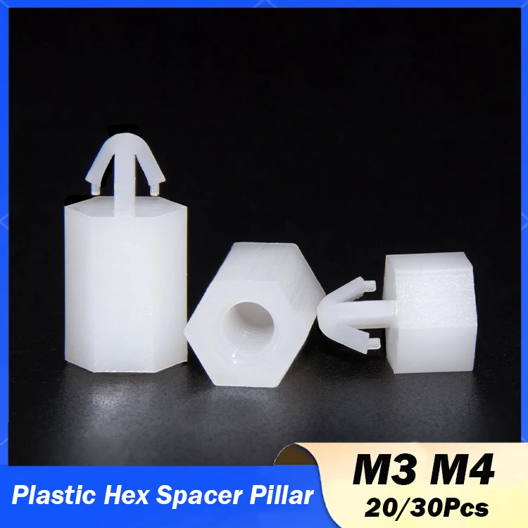 20/30Pcs M3 M4 Fixed Plastic Standoff Spacer Pillar Hex Push-in Nylon Post for Locking Circuit Board Support Length 5mm~50mm