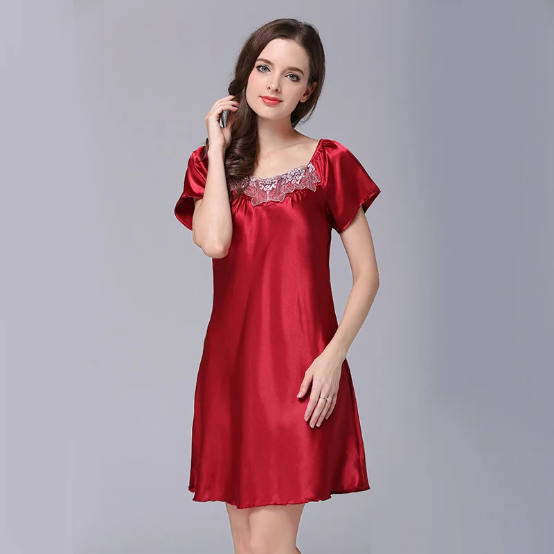 Ice Silk Casual Silk Pajamas Women Summer Sexy Short-sleeved Lace Nightdress Home Clothes Women Nightwear