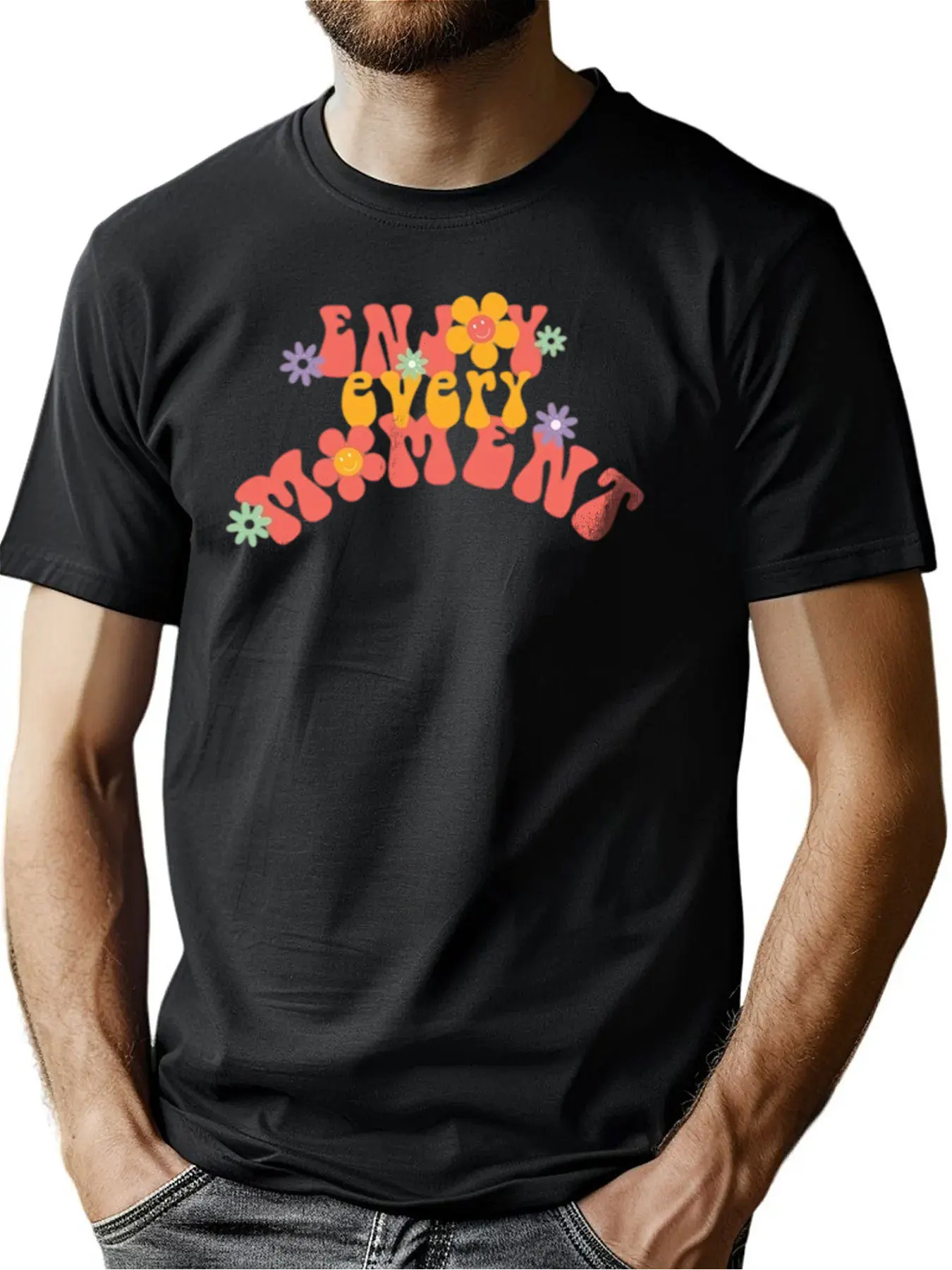

Men's Comfort Cotton Crew Neck Tee With "ENJOY EVERY MOMENT" Floral Print, Soft Casual Shirt For Outdoor Activities, Christmas