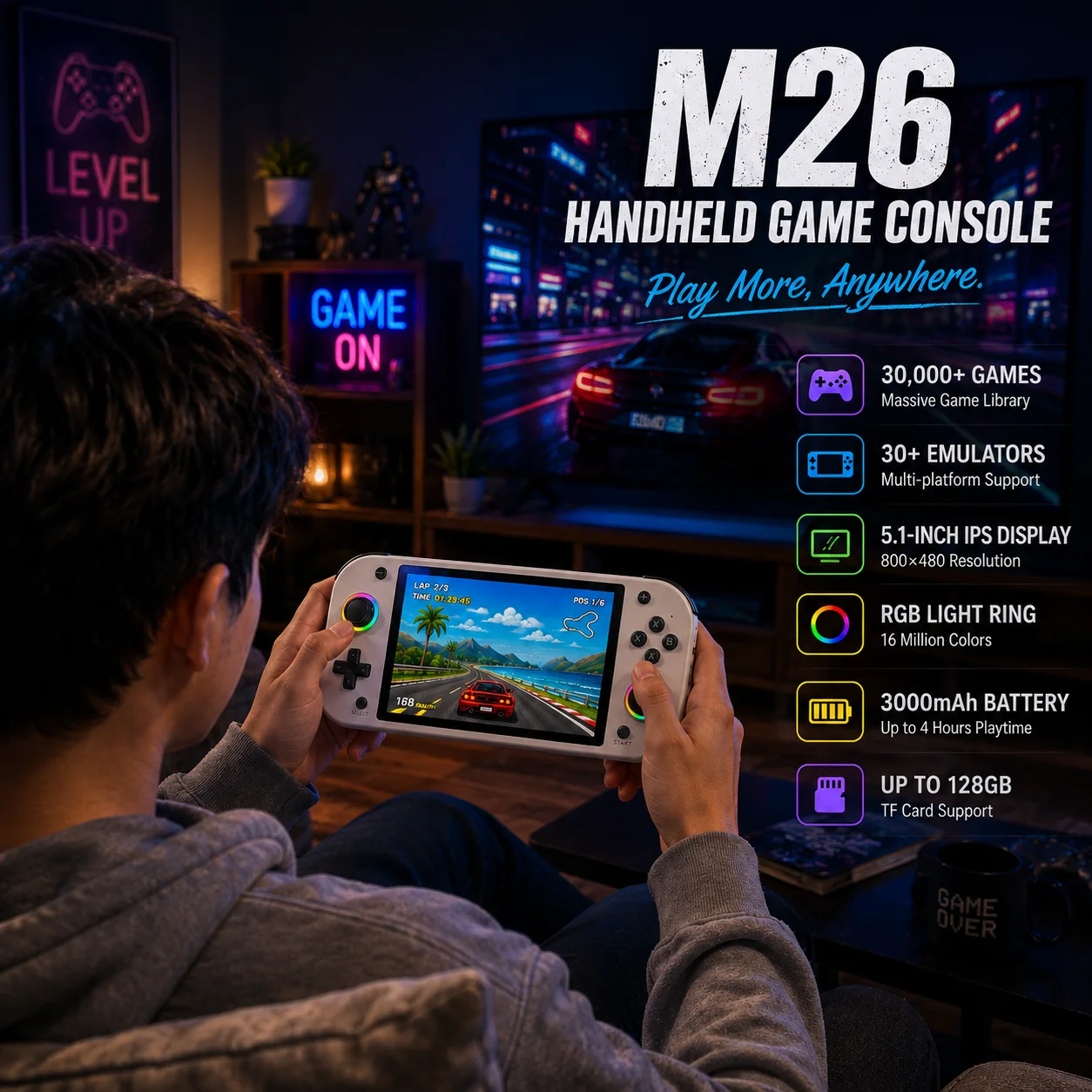 

5.1 Inch IPS Large Screen M26 Handheld Game Console 20000+ Games 3000mAh Battery RGB Light Ring Portable Retro Game Player