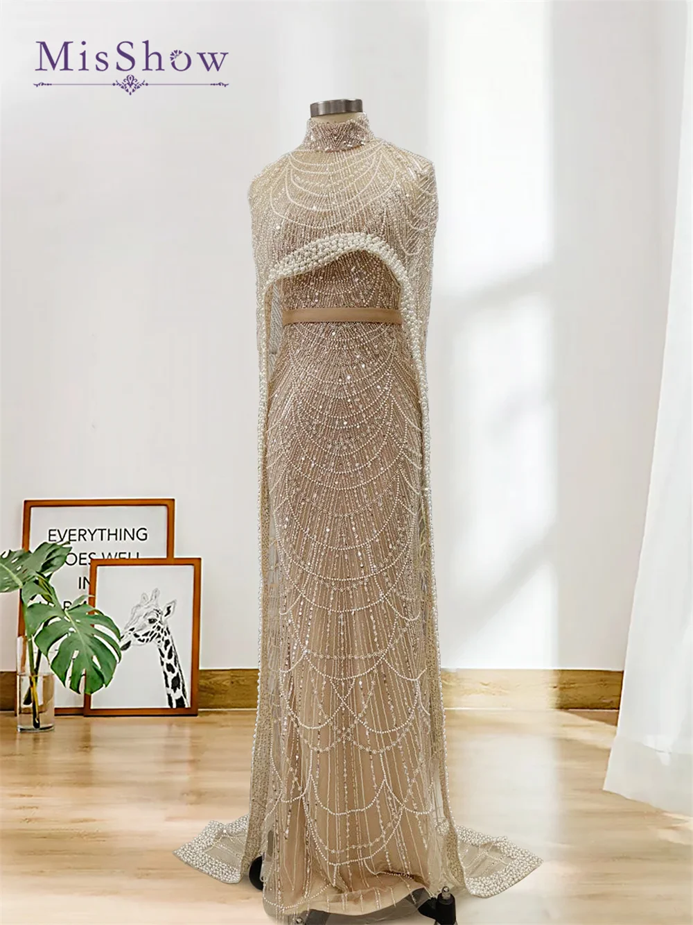 MisShow Luxury Arabic Pearls Beaded Evening Dresses With High Neck Cape 2024 Dubai Mermaid Formal Prom Gowns For Wedding Party